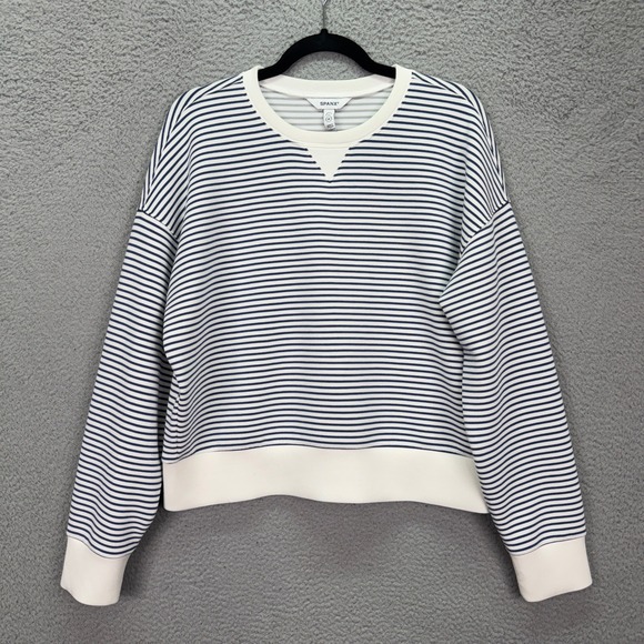 SPANX Tops - Spanx Top Womens M Navy White AirEssentials Striped Crewneck Sweatshirt Nautical